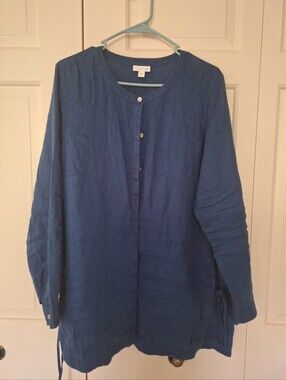 J. JILL Blue Linen Long Sleeve Button Tunic Top; Sz L